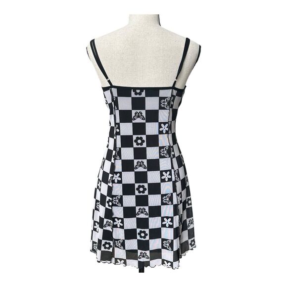 Forever 21 Black White Checkerboard Butterfly Floral Mini Slip Dress M - Picture 5 of 9